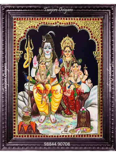 Lord Shiva Family Tanjore Painting with Shiva, Parvati, Ganesha, and Murugan